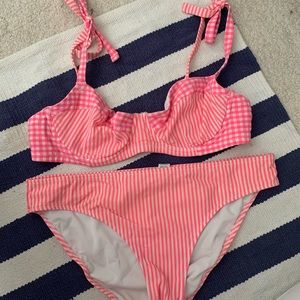 AERIE gingham/striped bikini underwire neon pink large